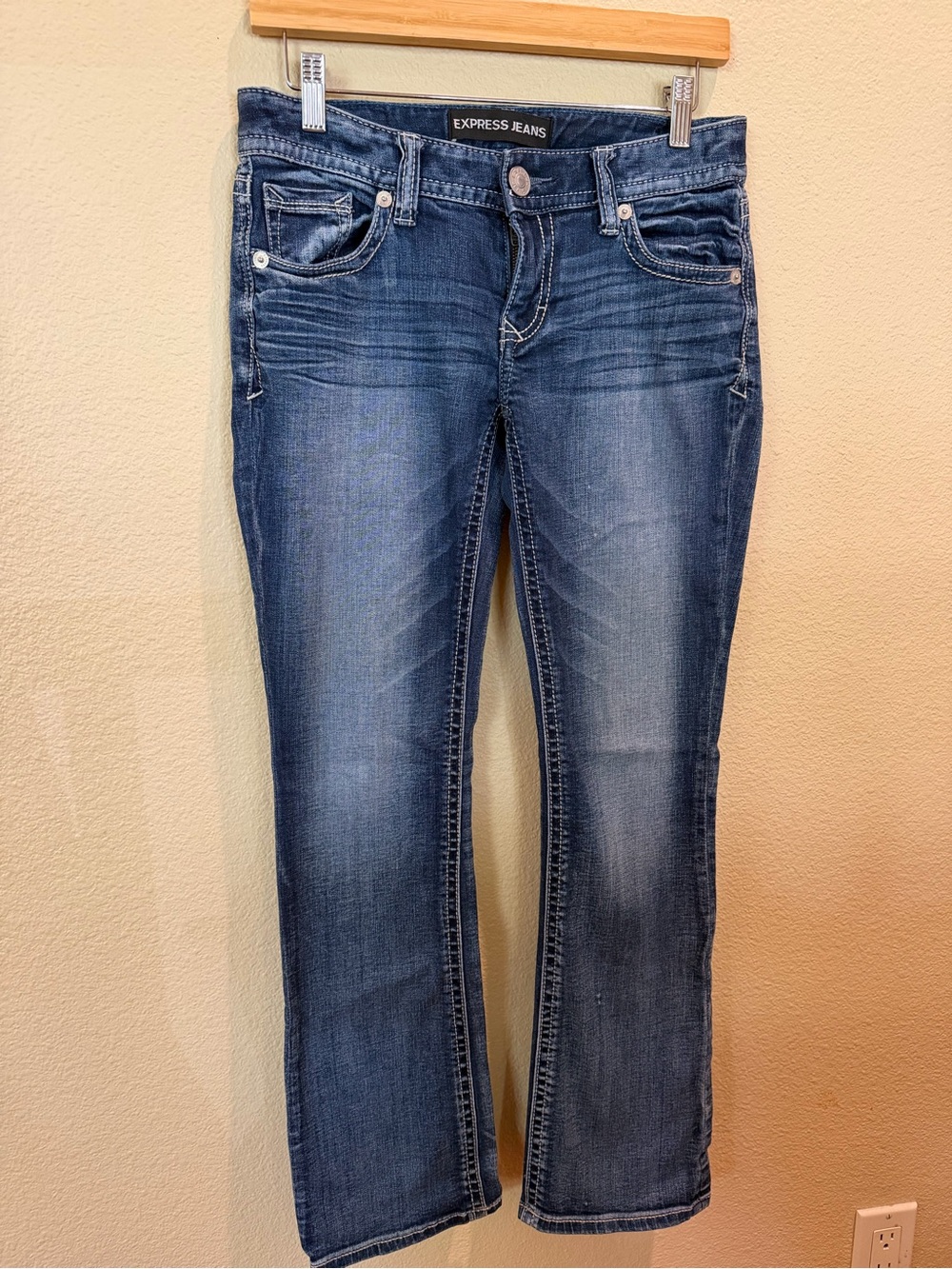 Express Women's Dark Blue Boot Cut Jeans with Embroidered Back Pockets